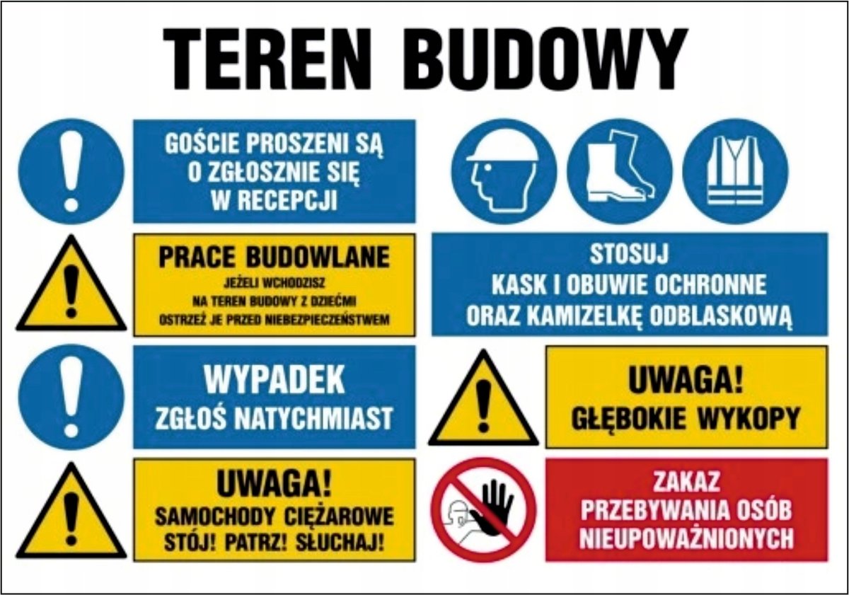 Tablica Teren budowy Prace budowlane Zgłoś wypadek Zakaz 70x100cm PCV 5mm
