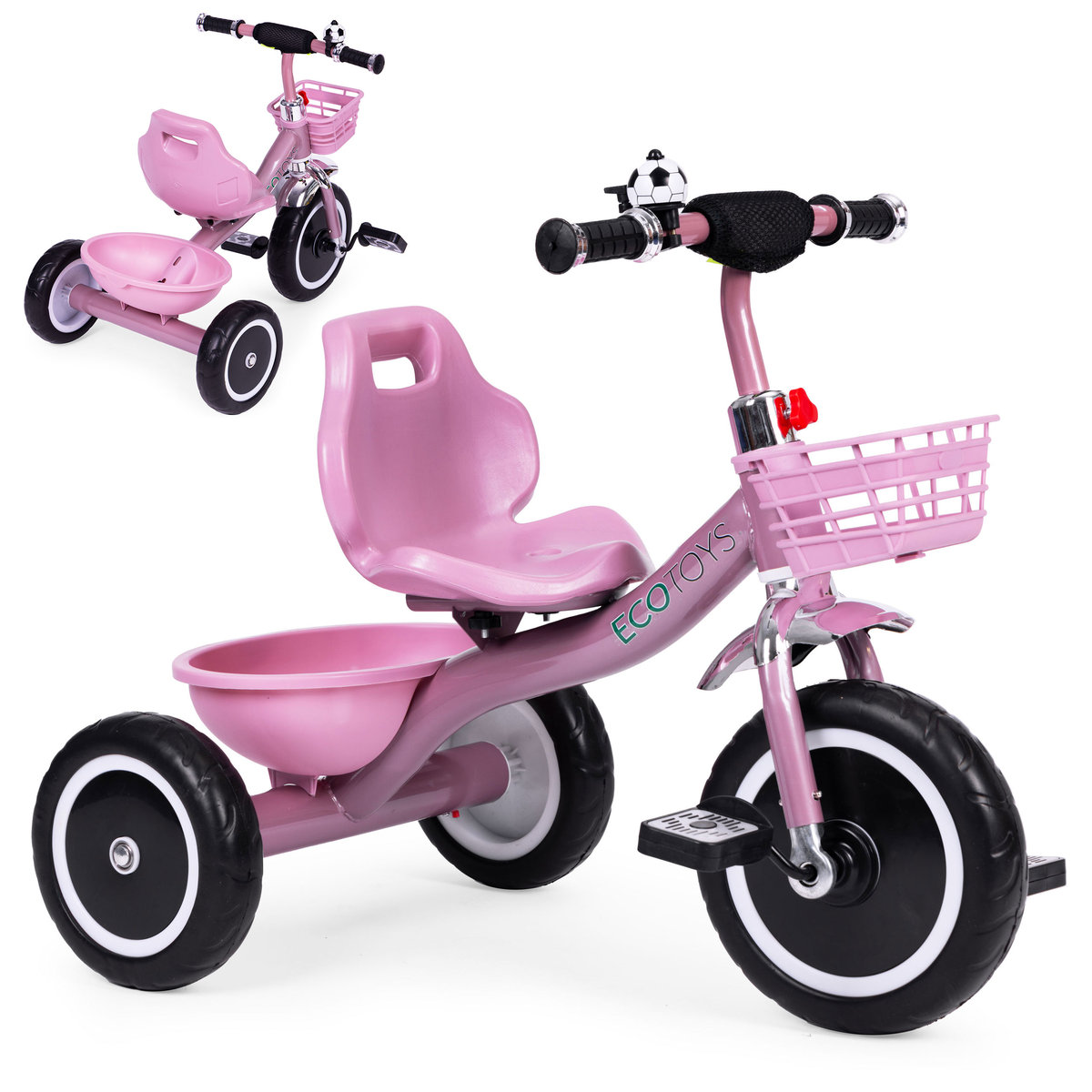ROWEREK TRÓJKOŁOWY ANTYPOŚLIZGOWE UCHWYTY DZWONEK KOSZYK RÓŻOWY ECOTOYS
