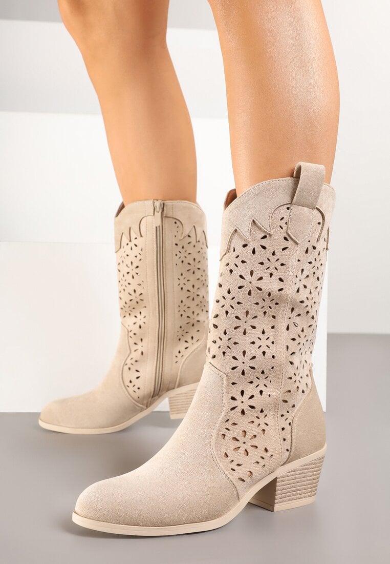 Ciemnobeżowe Ażurowe Botki na Obcasie w Stylu Kowbojek Lissemi