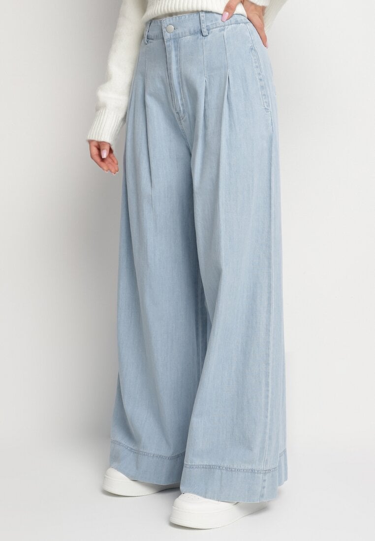 Jasnoniebieskie Bawełniane Jeansy Szerokie z Wysokim Stanem Galsemi