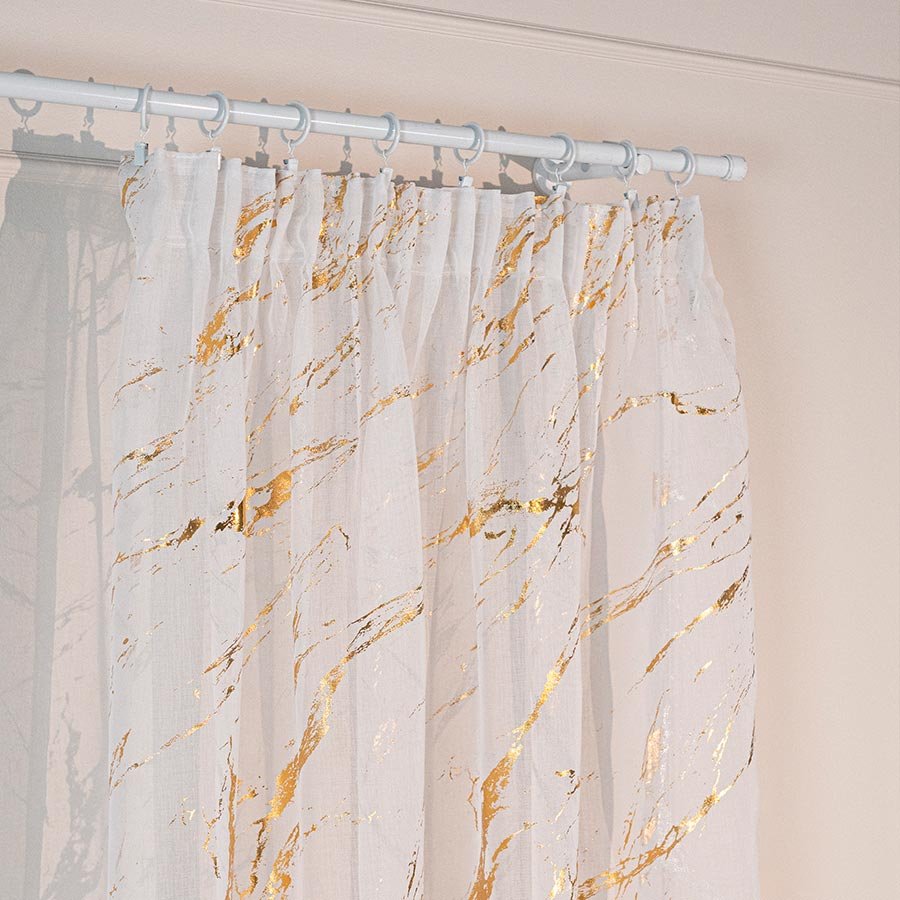Gotowa firana w kolorze białym ze złotym zdobieniem, uszyta na taśmie, rozmiar 140x250 cm, Złoty marmurek