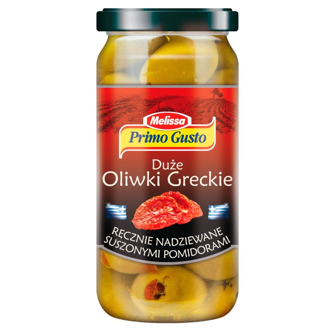 Primo Gusto Melissa Duże oliwki greckie ręcznie nadziewane suszonymi pomidorami 230 g