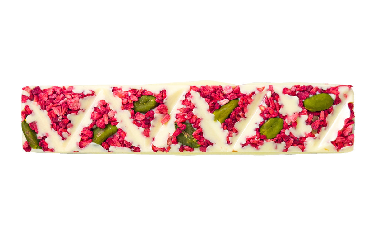 Baton z białej czekolady z malinami i pistacjami