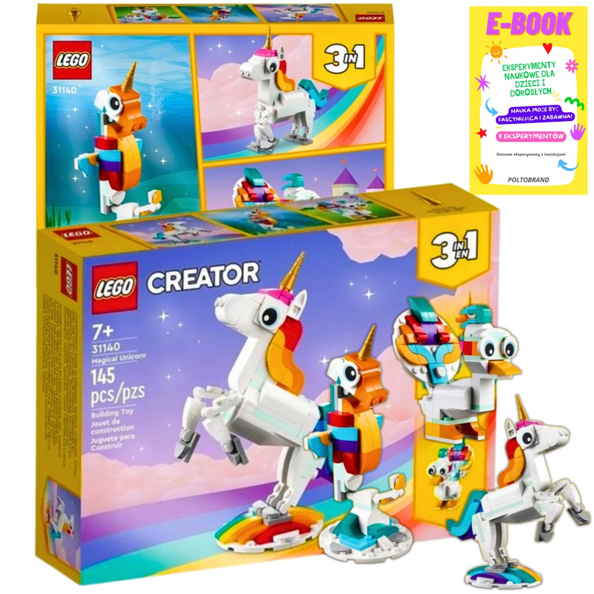 LEGO KLOCKI ZESTAW CREATOR 3w1 - MAGICZNY JEDNOROŻEC, KONIK MORSKI, PAW 31140 KLOCKI PREZENT + EBOOK