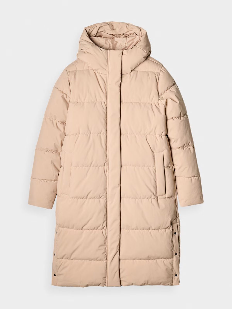 Długi płaszcz puchowy z syntetycznym wypełnieniem damski 4F 4FWAW24TDJAF476-83S Brązowy