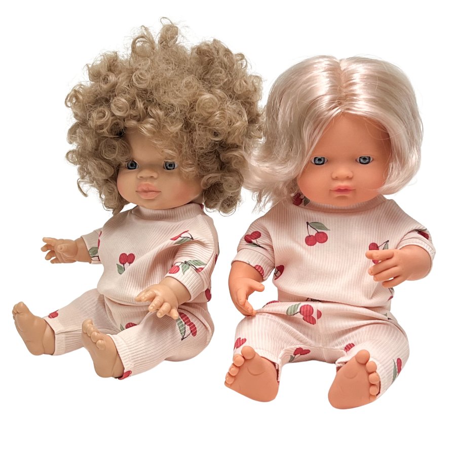 Dres w wisienki dla lalek Miniland 38 cm Minikane 34 cm, komplet