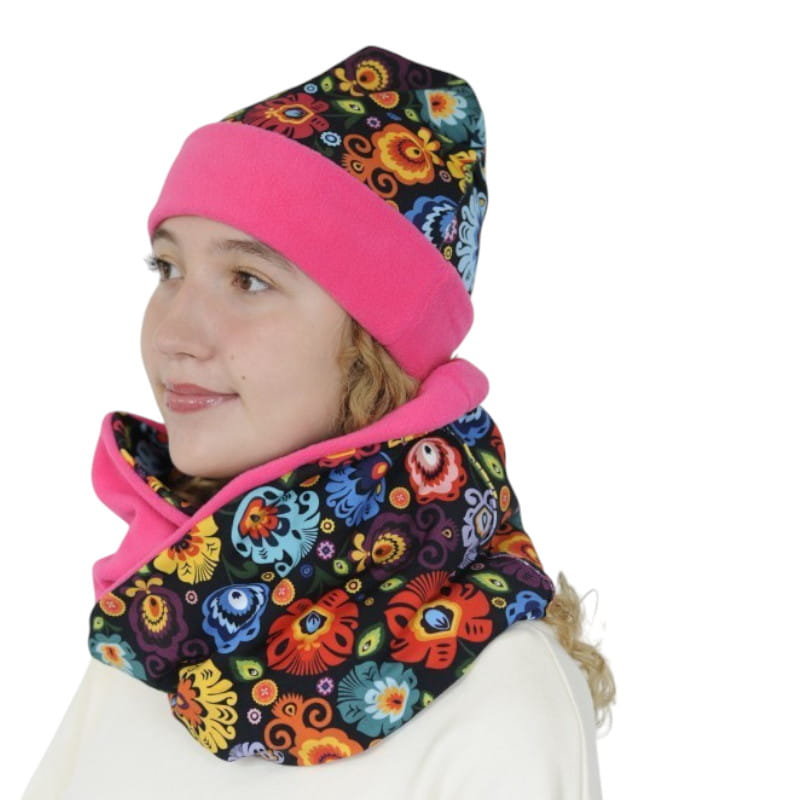 Komplet Czapka I Komin Folk Łowicki Czarny Różowy