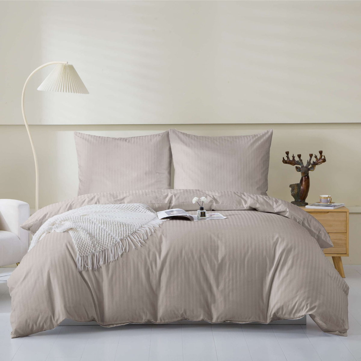 Taupe Pościel Adamaszek Bawełniany 160x200cm + 2 poszewki 70x80cm