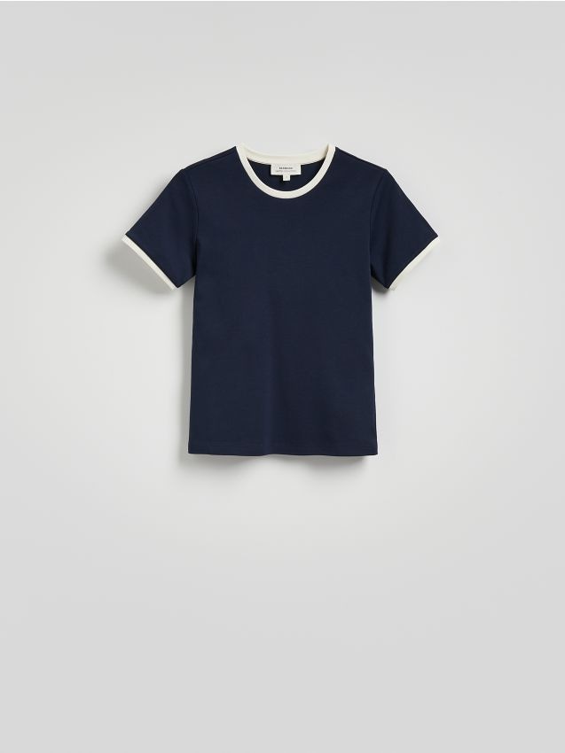 Reserved - T-shirt z kontrastową lamówką - granatowy