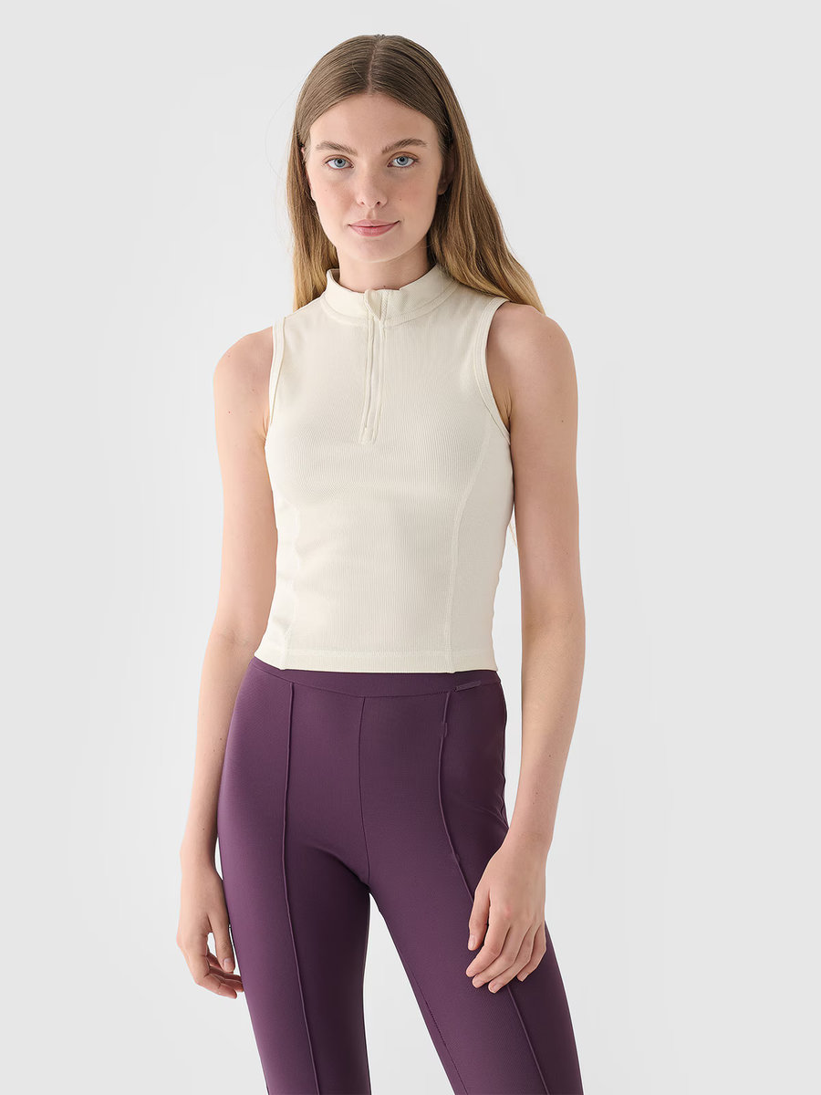 Top slim z prążkowanej dzianiny damski 4F 4FRAW24TSLEF182-11S Biały