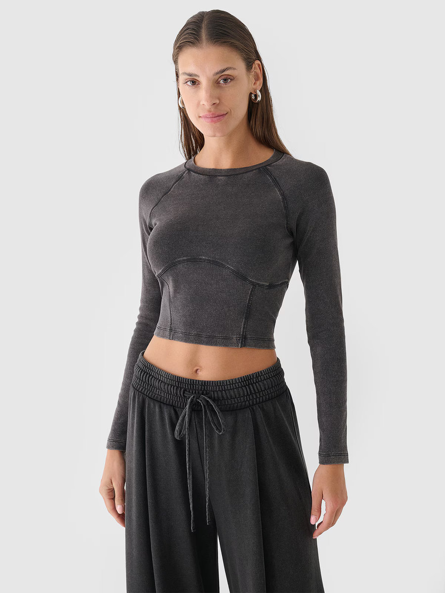 Longsleeve cropped gładki damski 4F 4FRAW24TLONF503-20S Czarny