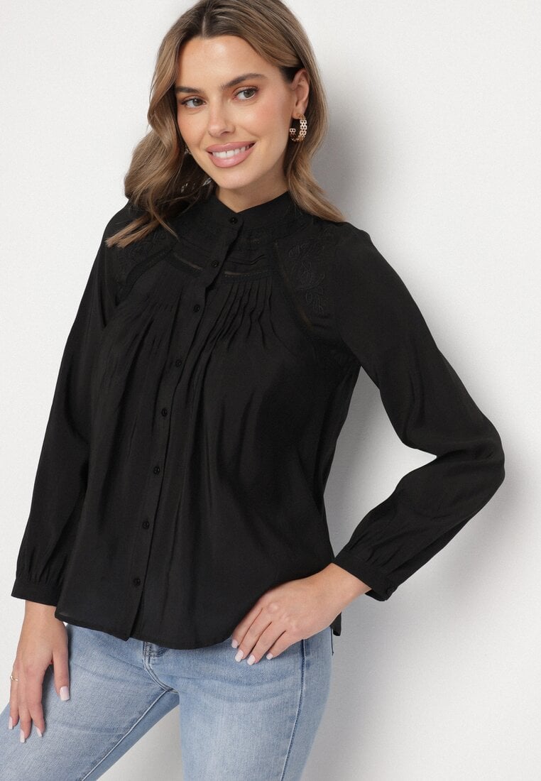 Czarna Koszula z Ozdobnym Haftem Nanania