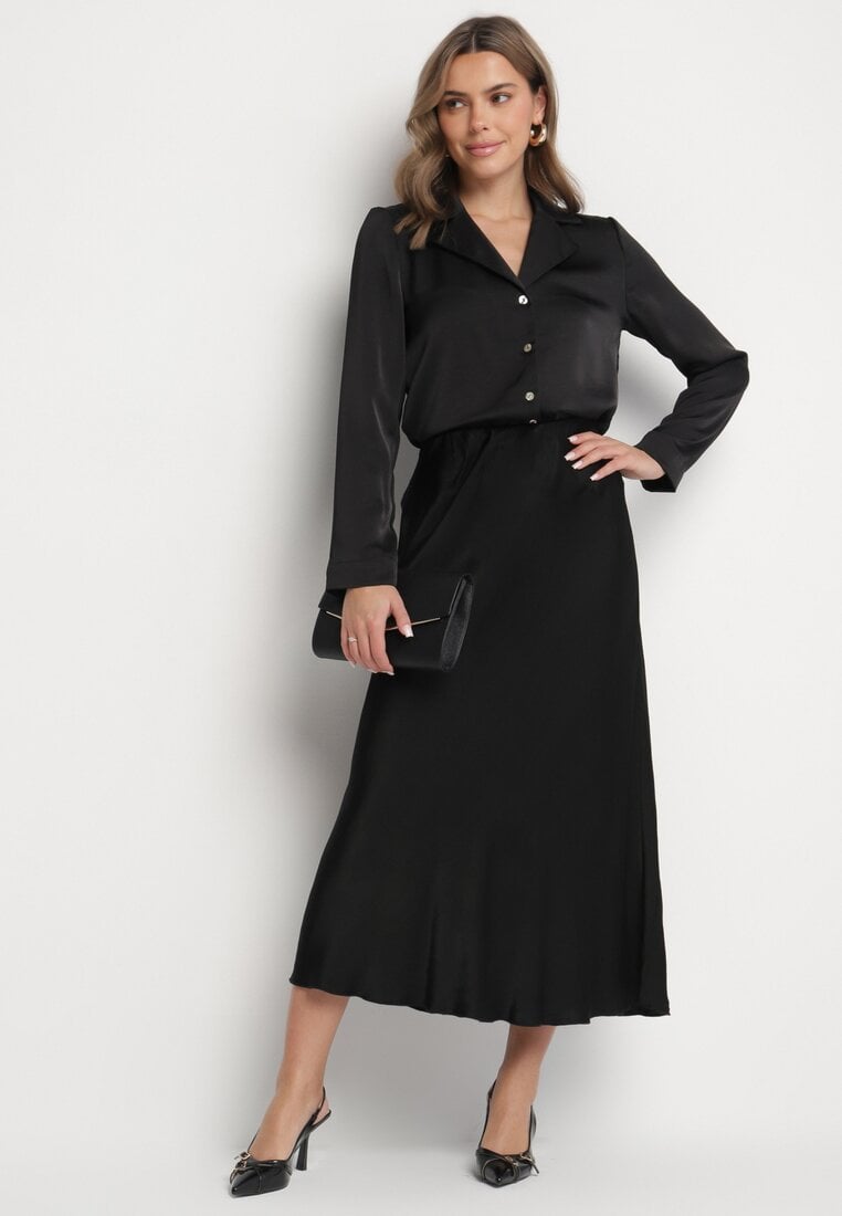 Czarna Spódnica Satynowa z Wiskozy o Rozkloszowanym Kroju Hanorilae