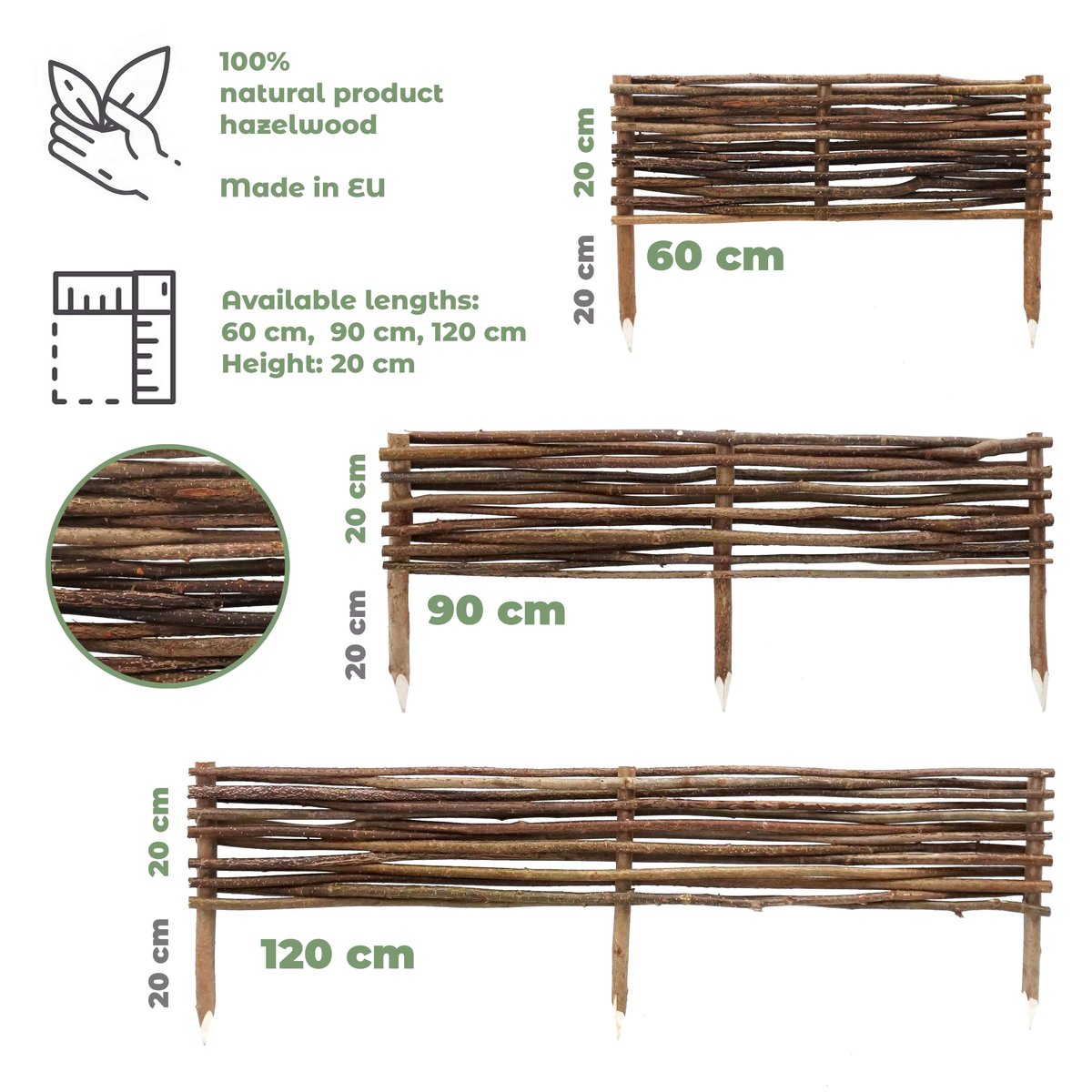 RABATKA LESZCZYNOWA PŁOTEK OBRZEŻE PALISADA Z LESZCZYNY 120x20cm - 3 SZTUKI