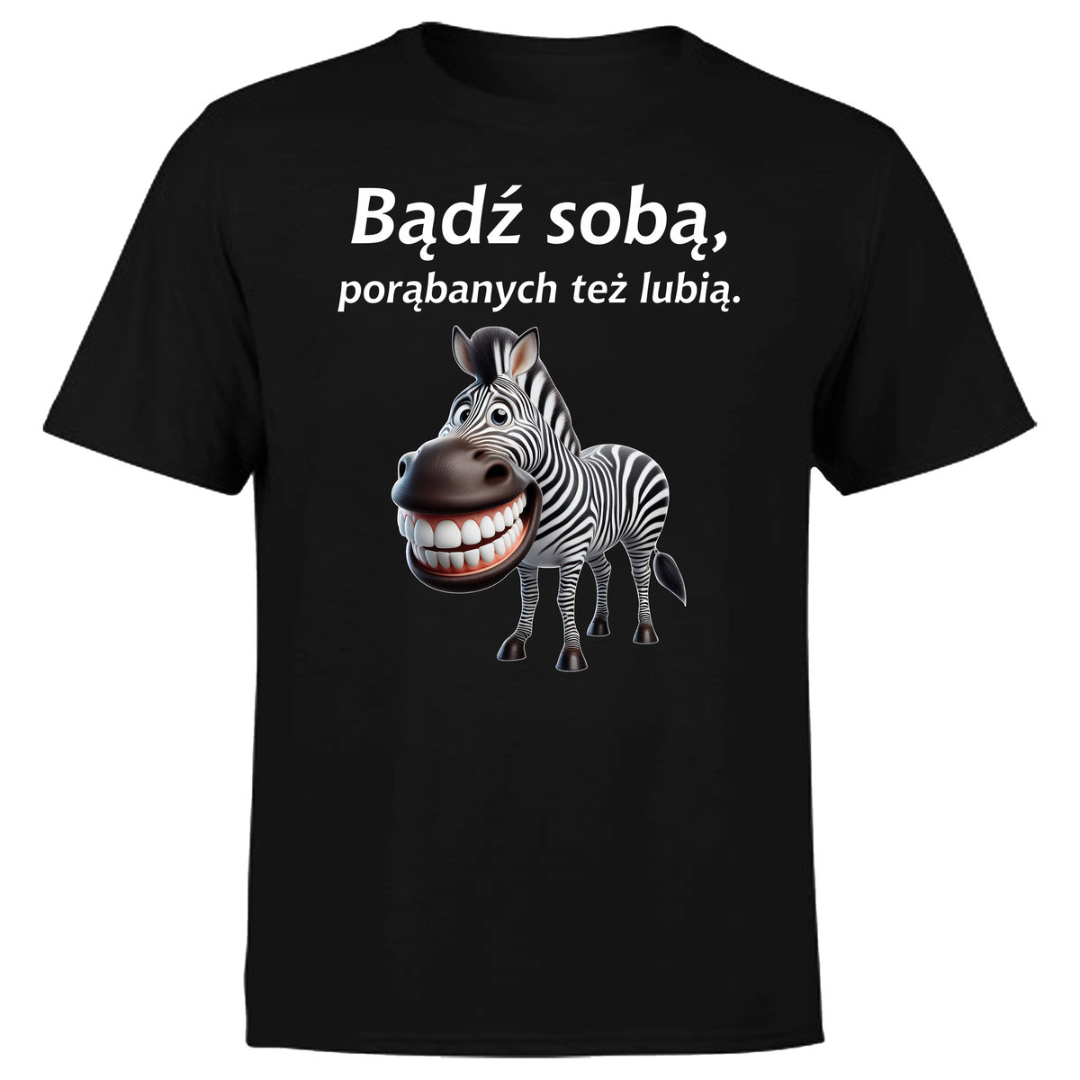KOSZULKA MĘSKA Z NADRUKIEM UŚMIECHNIĘTA ZEBRA BĄDŹ SOBĄ ŚMIESZNY NAPIS M