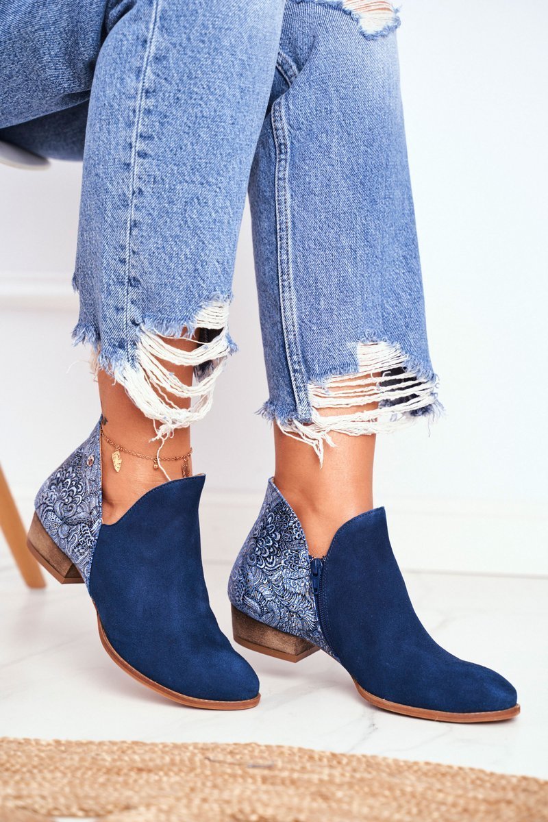 Damskie Skórzane Botki Maciejka Granatowe 04091-47-39