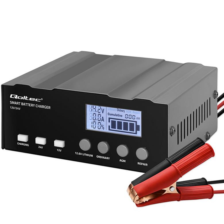 Ładowarka inteligentna qoltec mikroprocesorowa 12v 12.6v 24v prostownik z funkcją naprawy do akumulatora agm gel lifepo4