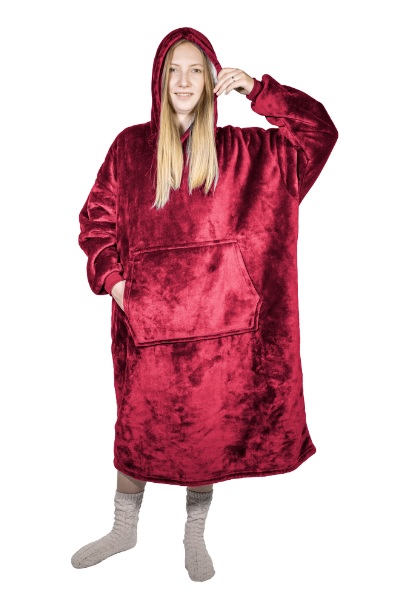 Ponczo telewizyjne z kapturem Hoodie bordo - kocobluza z futerkiem, ciepłe, długi rękaw, duża kieszeń