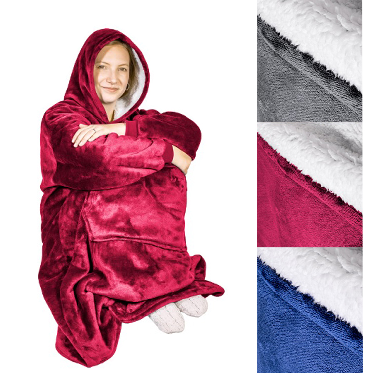 Ponczo telewizyjne z kapturem Hoodie - kocobluza z futerkiem, ciepłe, długi rękaw, duża kieszeń