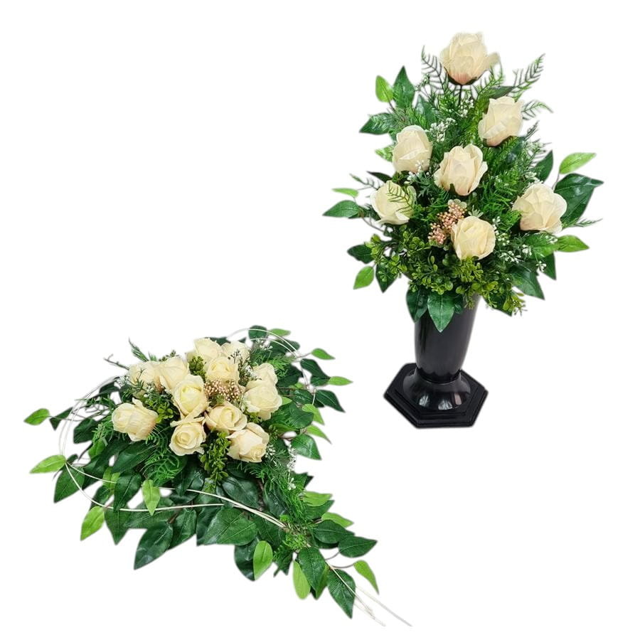 RÓŻE kremowe SERCE (662.3) KOMPLET stroik + bukiet na cmentarz