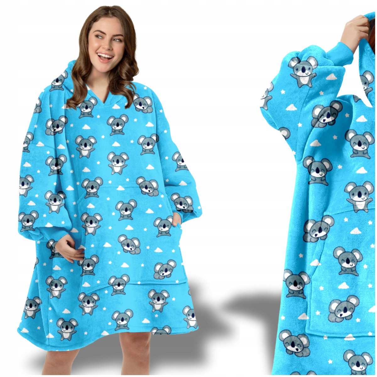 KOCO BLUZA OVERSIZE DŁUGA CIEPŁA KOC BLUZA DAMSKA Z KAPTUREM NA WALENTYNKI