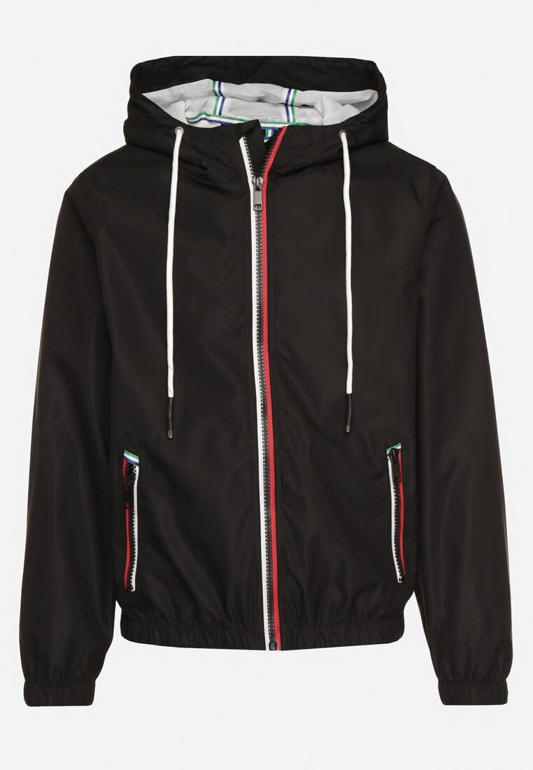 Czarna Kurtka Wiatrówka z Kapturem i Zasuwanymi Kieszeniami Adivoria