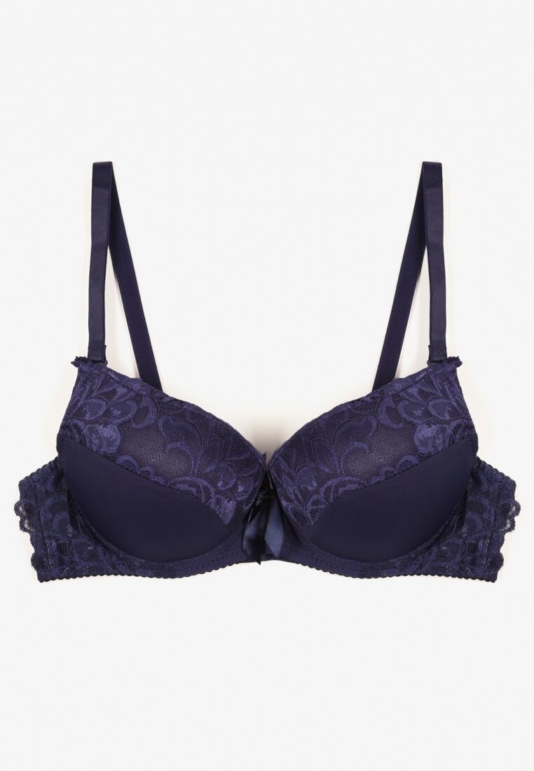 Granatowy Biustonosz Push Up z Koronkowym Wzorem Lanovinea
