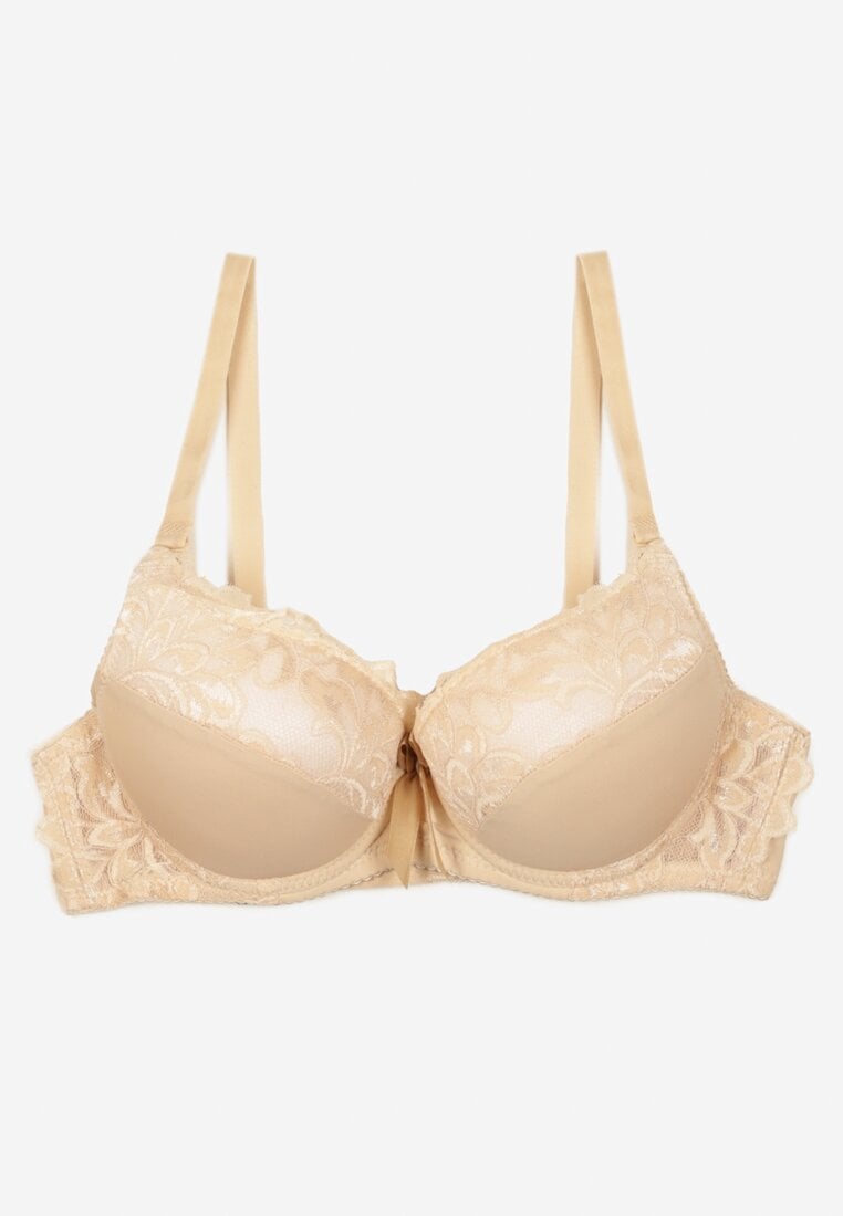 Beżowy Biustonosz Push Up z Koronkowym Wzorem Lanovinea