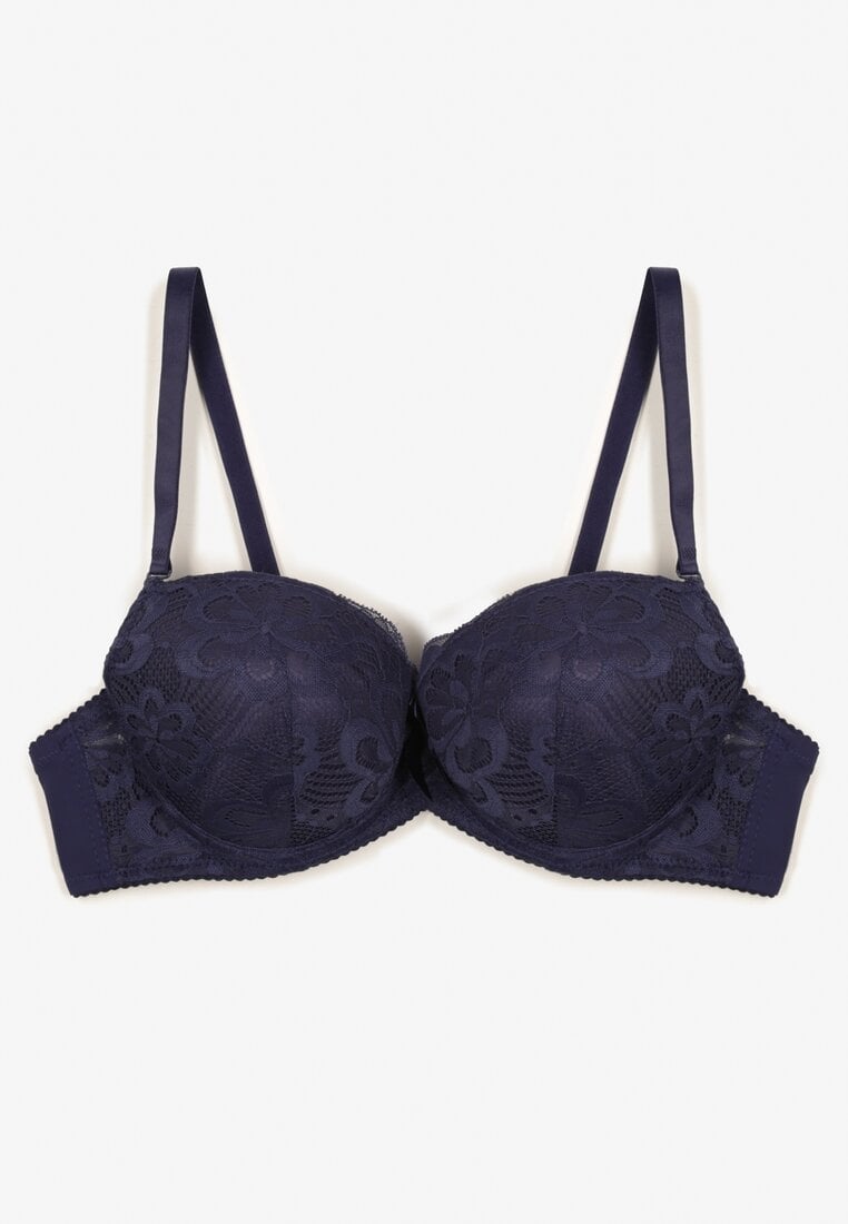Granatowy Biustonosz o Fasonie Push Up Zdobiony Koronką Morgis