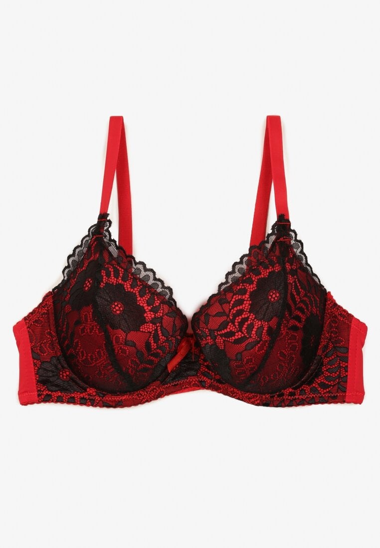 Czarno-Czerwony Biustonosz Typu Full Cup z Ozdobną Koronką Lanithiel