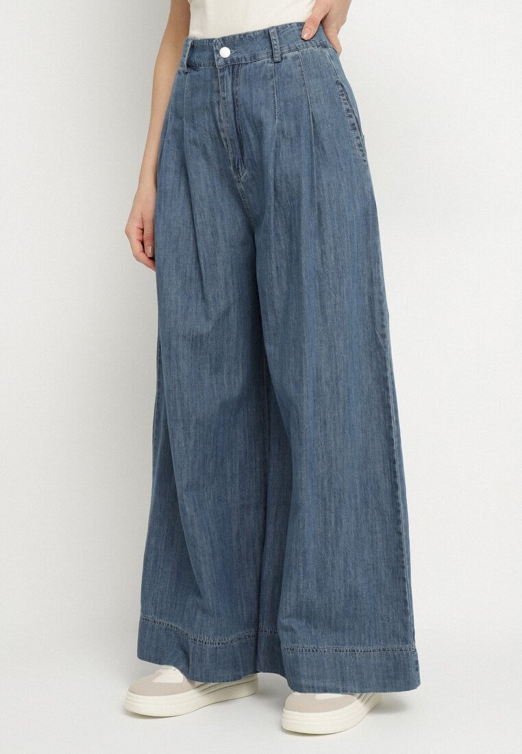 Granatowe Bawełniane Jeansy Szerokie z Wysokim Stanem Galsemi