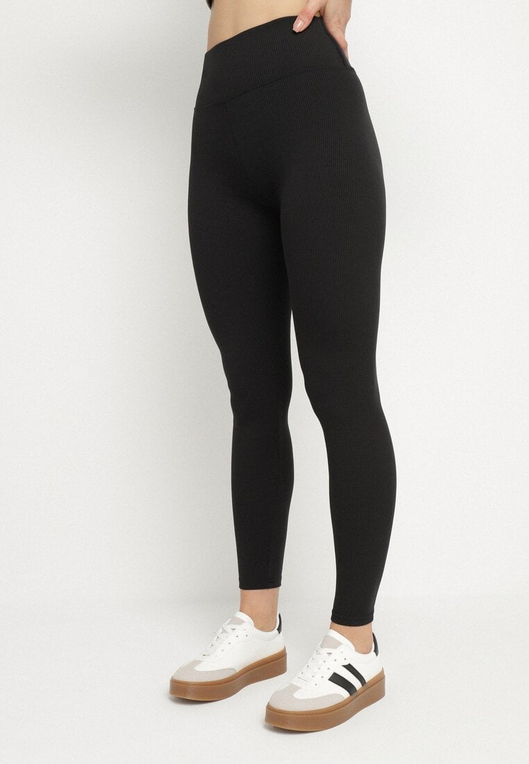 Czarne Prążkowane Legginsy z Szeroką Gumką w Talii Lanessiel