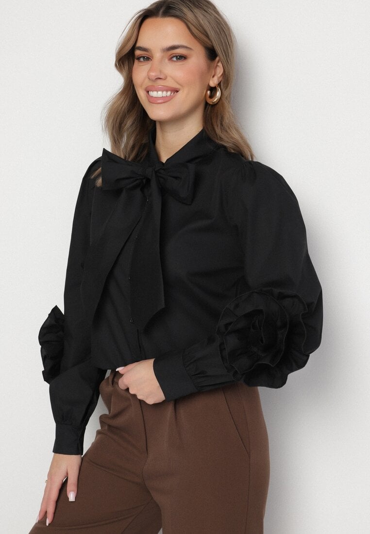 Czarna Koszula z Ozdobnym Wiązaniem i Falbankami Zalimira