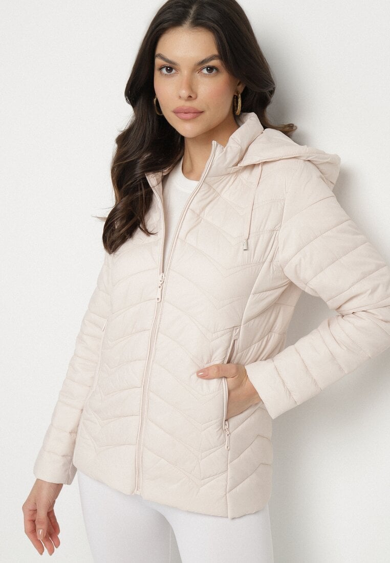 Jasnobeżowa Pikowana Kurtka z Kapturem z Możliwością Odpięcia Natisme