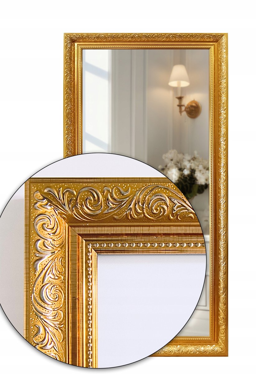 Ekskluzywne lustro 110x40 w ozdobnej złotej ramie odpornej na wilgoć u30