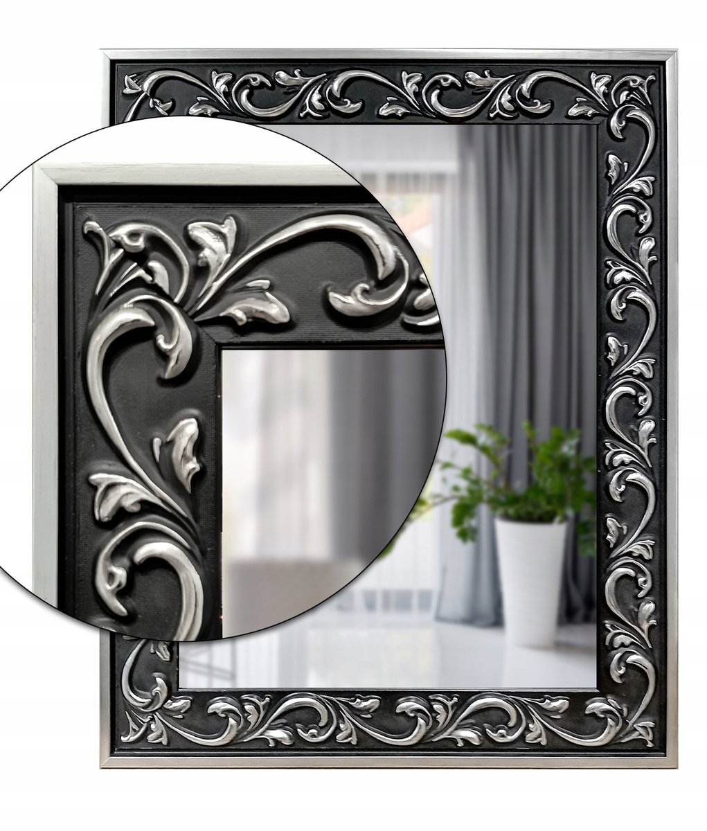 Lustro w czarnej srebrnej grubej 9cm ornamentowej STYLOWEJ ramie 140x60 C1