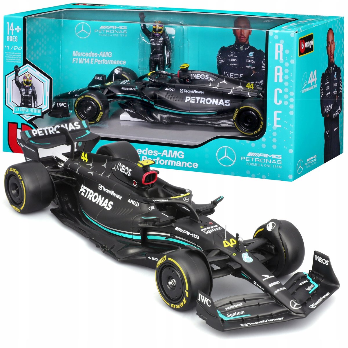 BOLID F1 Mercedes AMG W14 FIGURKA LEWIS HAMILTON 1:24 BBURAGO 18-28037