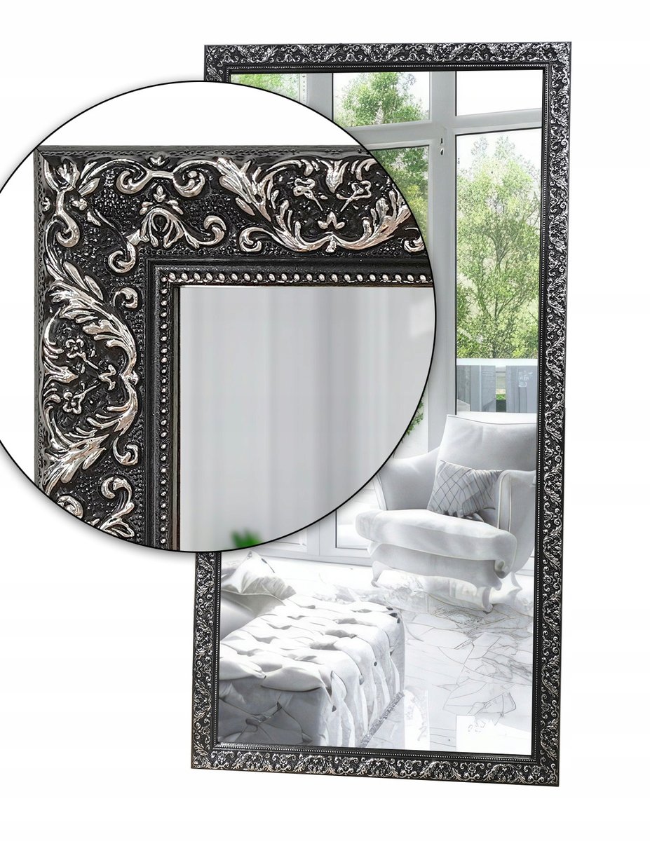 Lustro w czarnej srebrnej ornamentowej ramie drewnianej 60x60 z12