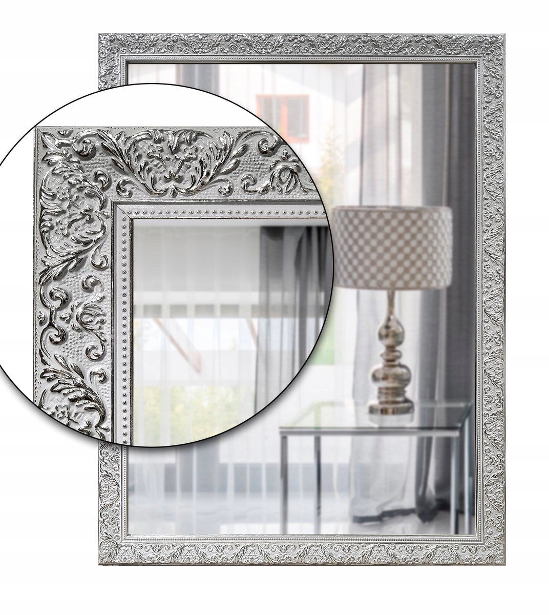 Lustro w srebrnej ornamentowej ramie drewnianej 60x60 z10