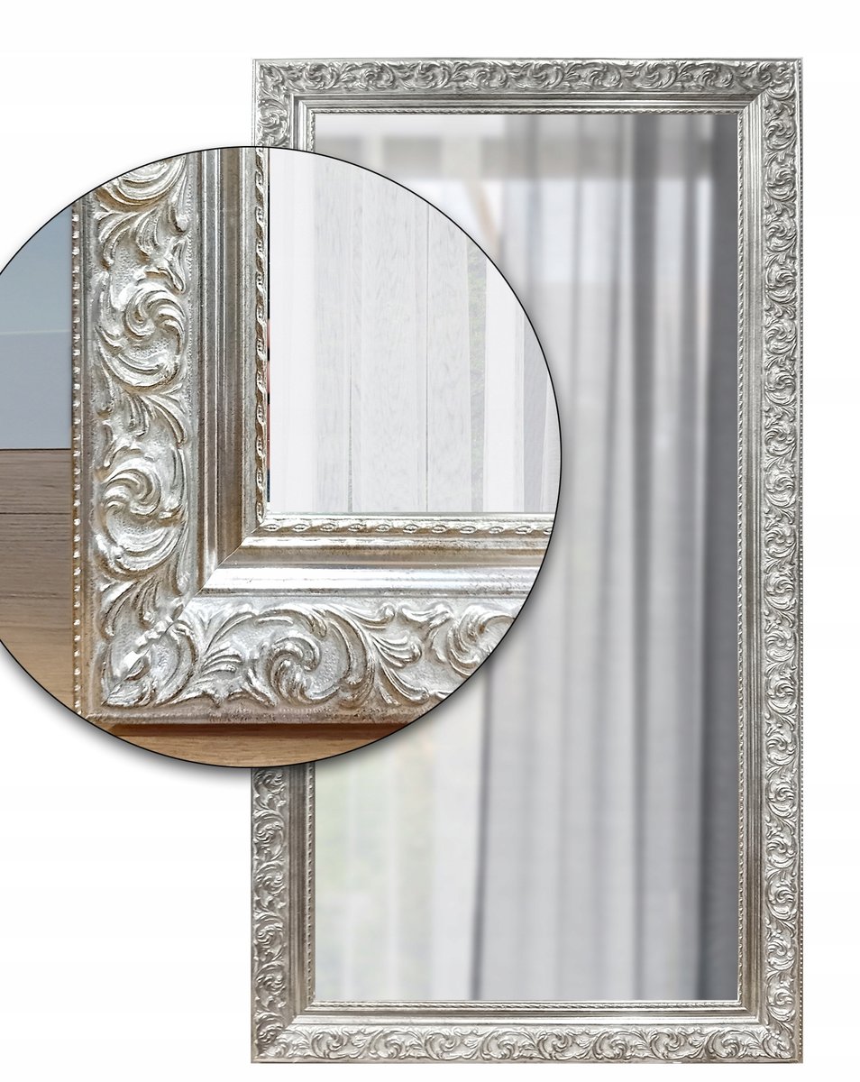 Ekskluzywne lustro w STYLOWEJ ornamentowej SREBRNEJ ramie drewno 140x50 d5