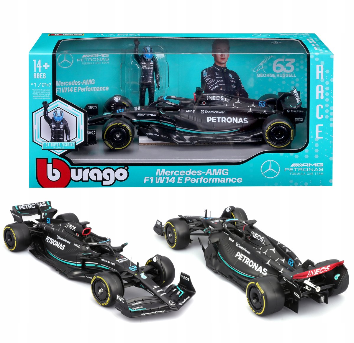 BOLID F1 Mercedes AMG W14 FIGURKA GEORGE RUSSELL 1:24 BBURAGO 18-28037