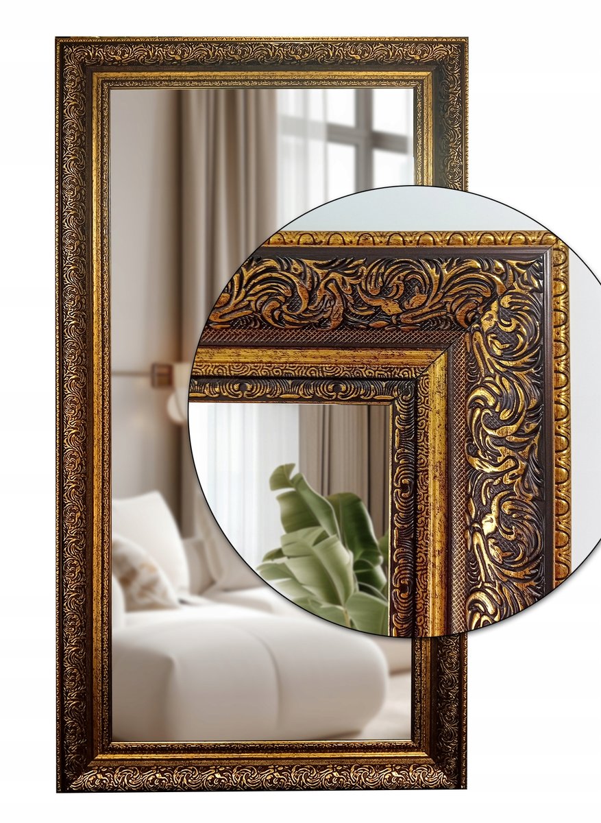 Lustro w stylowej ozdobnej złotej GRUBEJ ramie 180x80 odporne na wilgoć u3