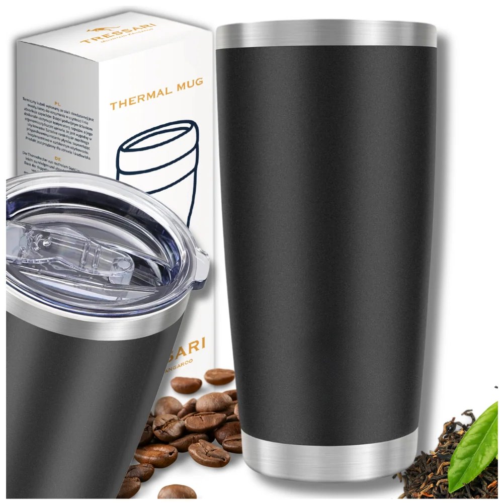 Kubek termiczny czarny TRESSARI 600ML stal nierdzewna podwójna izolacja na podróż