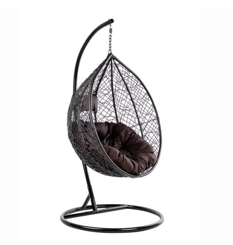 VELACO Fotel ogrodowy/kokon KORFU wiszący bujany z podstawą kolor CZARNY poduszka okrągła BRĄZOWA