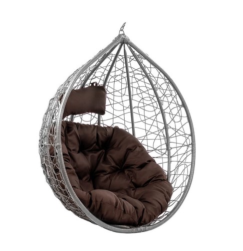 VELACO Fotel ogrodowy/kokon KORFU wiszący bujany bez podstawy kolor SZARY poduszka okrągła BRĄZOWA