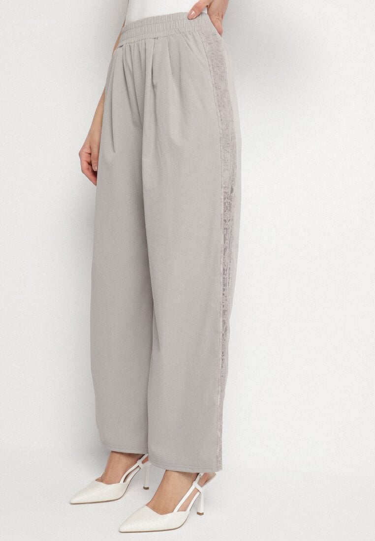 Jasnoszare Spodnie z Bawełną o Szerokim Kroju z Wysokim Stanem i Koronką Efadwenna