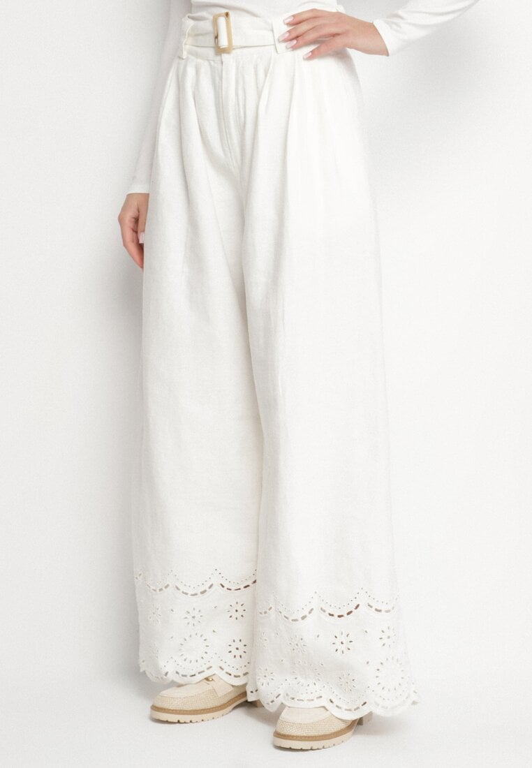 Białe Spodnie Szerokie z Bawełny Ozdobione Haftem z Paskiem Ulsemi