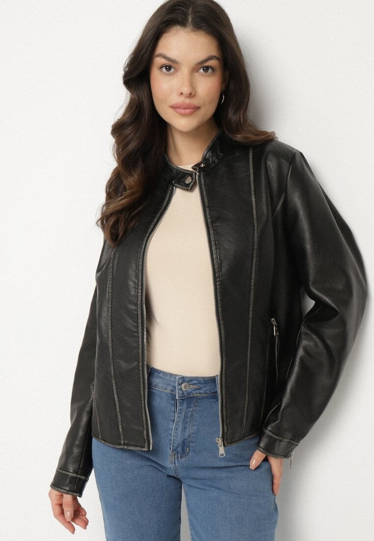 Czarna Kurtka w Stylu Ramoneski Ozdobiona Przeszyciami Idivila