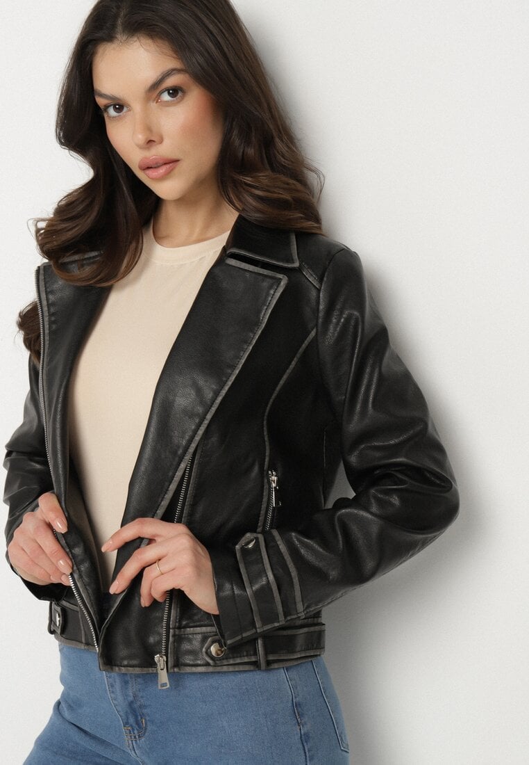 Czarna Kurtka Ramoneska z Nitami i Ozdobnymi Przeszyciami Adivila