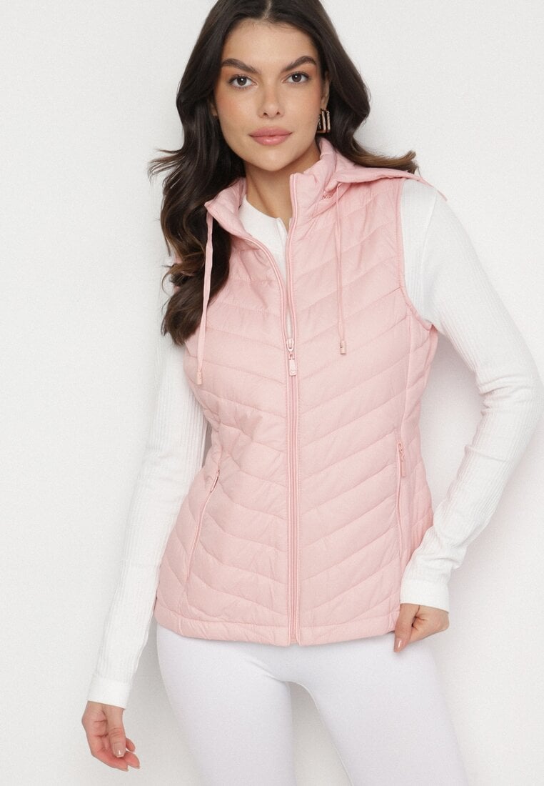 Różowa Pikowana Kamizelka z Odpinanym Kapturem i Kieszeniami Ninallia